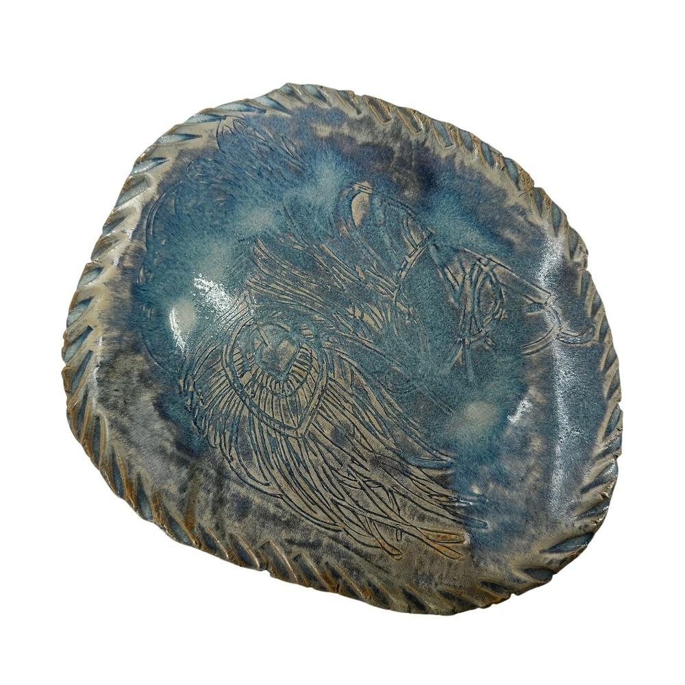 Studio Pottery Decor 10.5" Blue Etched Bird Signed Stoneware Art
